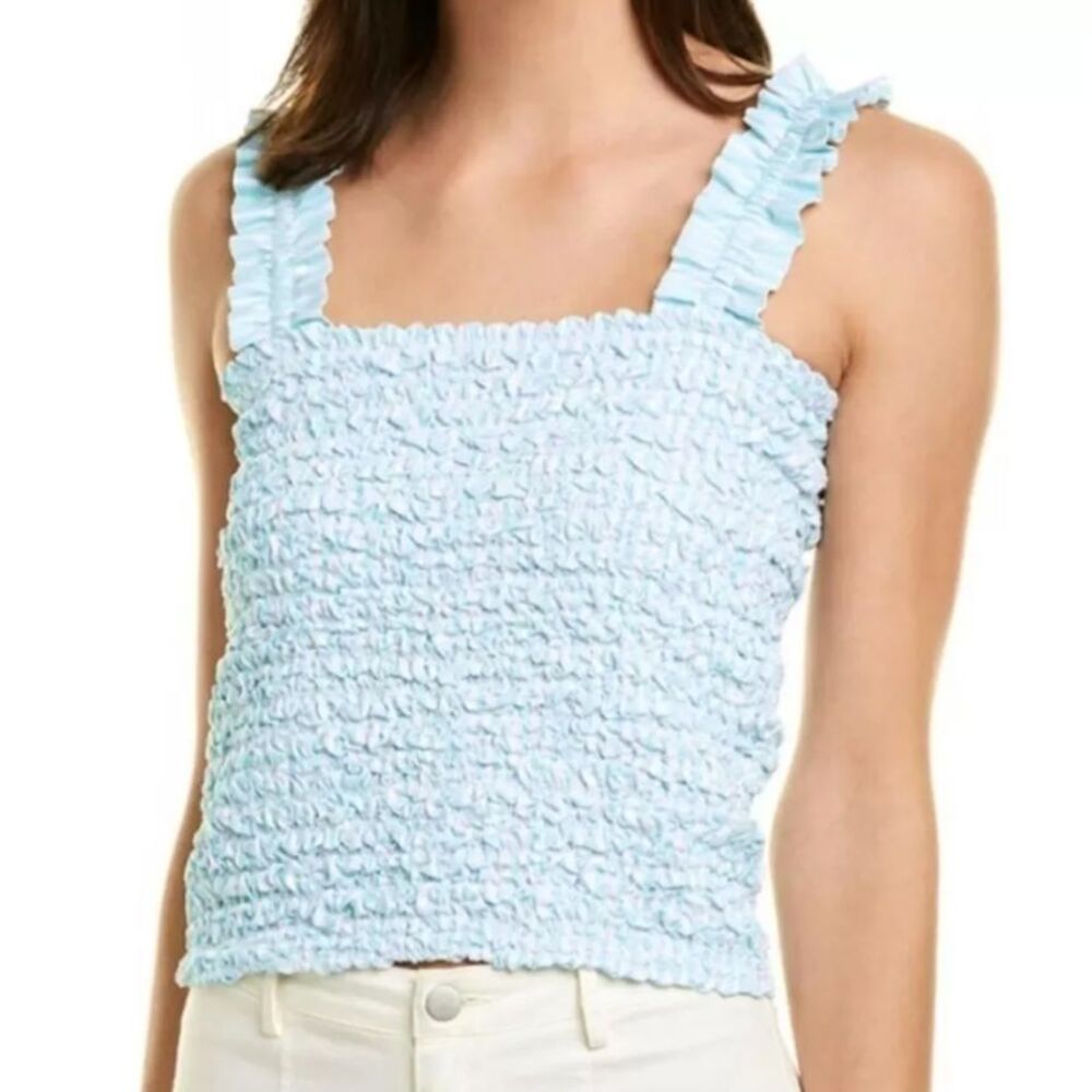 Petersyn Womens Tami Smocked Ruched Crop Top Size Medium Aqua Blue Ruffled Strap